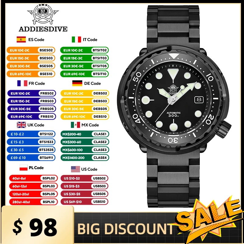 

ADDIESDIVE Black Tuna Men's Watch Sapphire Crystal Ceramic Bezel Calendar Display Luminous Hand Watch NH35A Automatic Watches