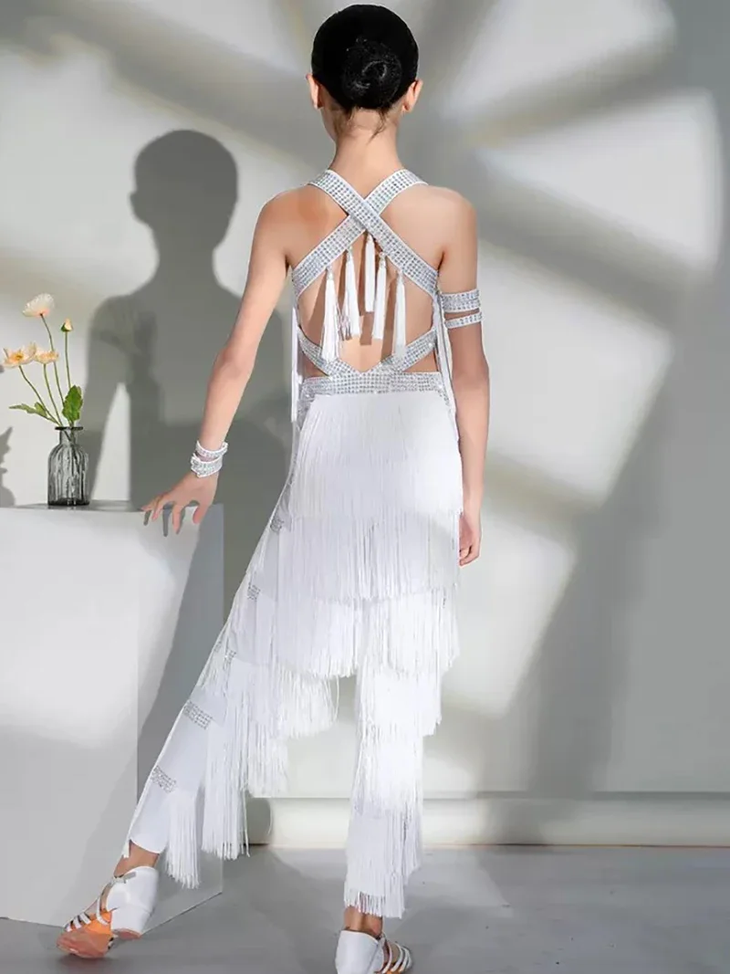 Girls Latin Dance Costume Rhinestone Tassel Tops Pants Cha Cha Rumba Samba Performance Wear Kids Competition Clothing TS497