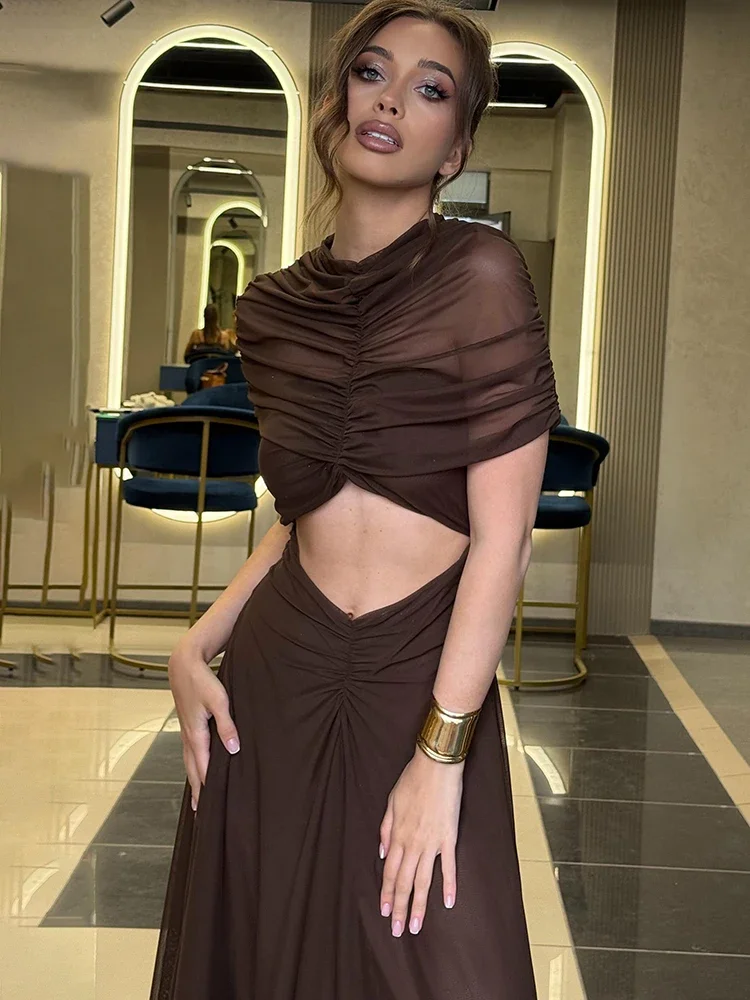 Évider à manches courtes Sexy robe Maxi femmes mode col rond froncé taille haute moulante Club fête longue robe femme