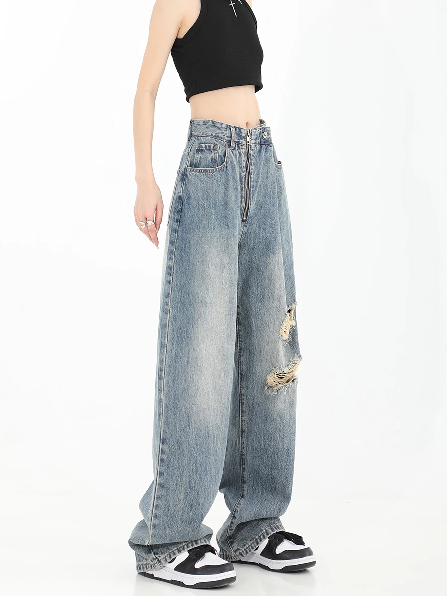 Vintage Streetwear Jeans Women Y2K High Waist Ripped Make Old Denim Trousers Female 2023 New Design Loose Wide Leg Pants