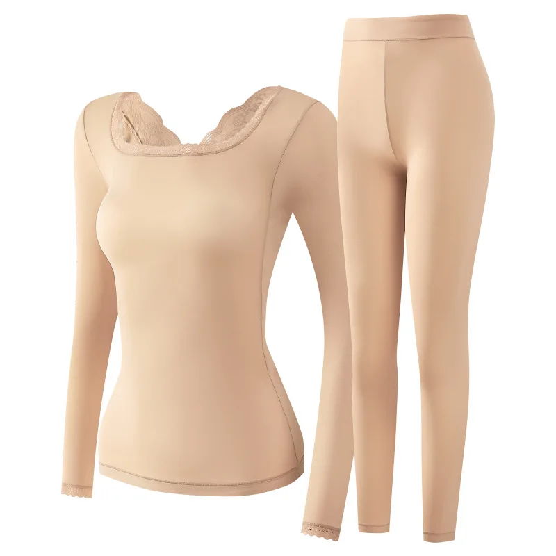 رقيقة جدا على الوجهين يمكن ارتداؤها سلس الدانتيل العناية بالبشرة مجموعة الملابس الداخلية المضادة للبكتيريا الدافئة المرأة مجموعة نسيج النايلون U الرقبة طويلة... #5