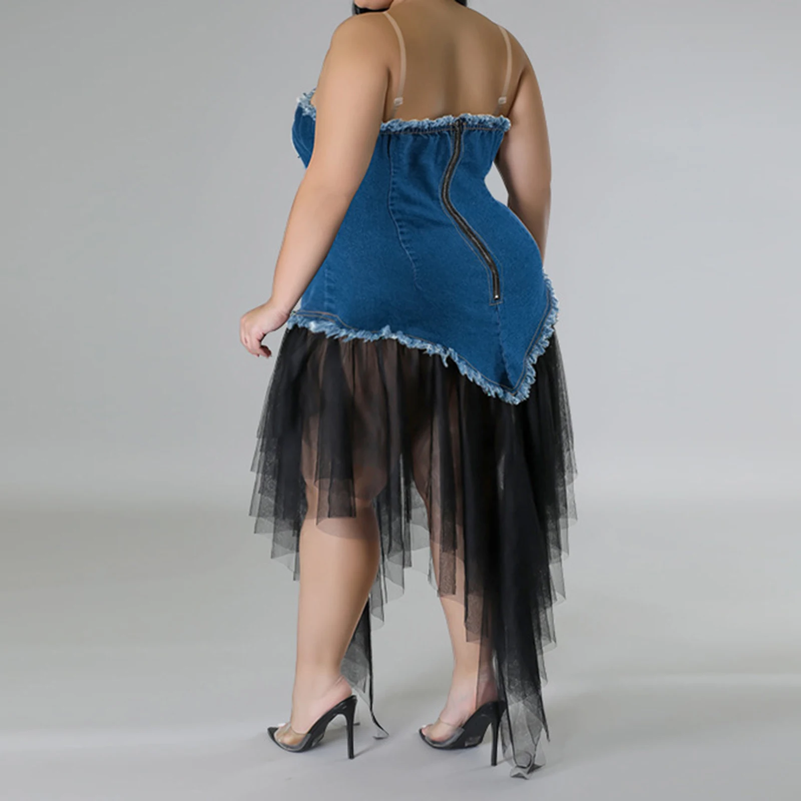 2025, Damen-Jeanskleider in Übergröße, Sommer, sexy Damen, ärmellos, Spaghettiträger, Patchwork, Netzsaum, Midi-Slip-Kleid