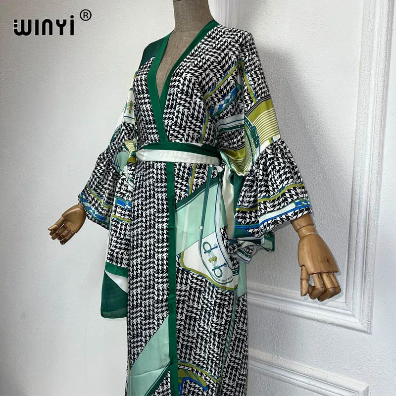 WINYI-Vestido de festa feminino com cinto automático, feriado elegante, cardigã de manga bolha, moda praia, roupa de banho para cobrir, moda estampada