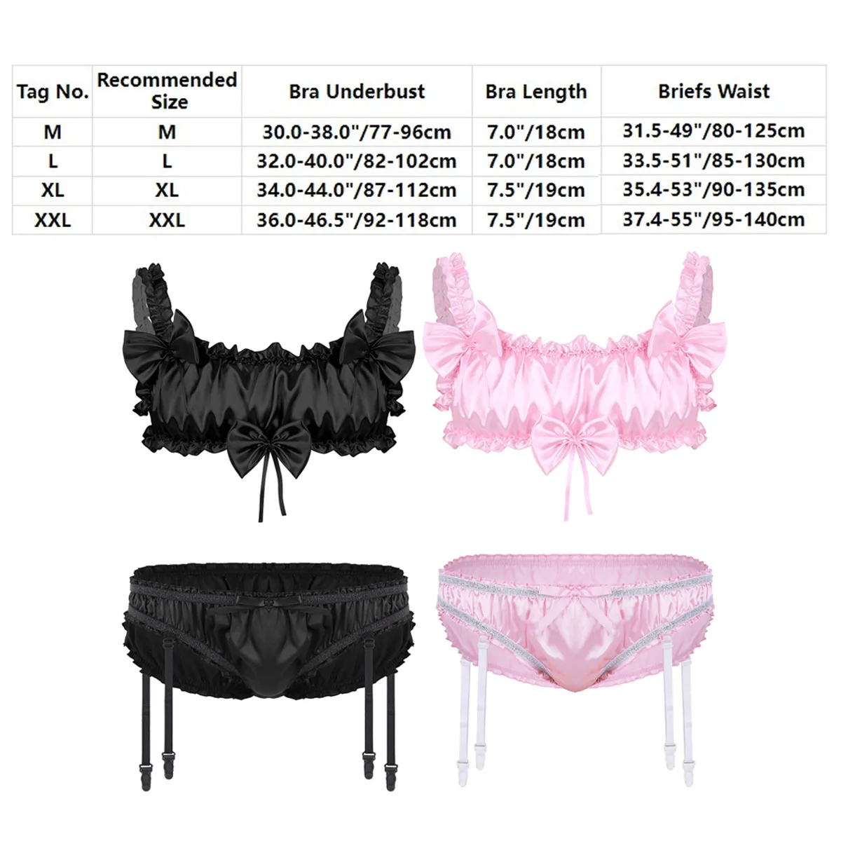 Mens Sissy Lingerie Set Satin Frilly Ruffled Bra Tops with Bikini Thong Panties Gay Male Sexy Crossdressing Underwear Sets