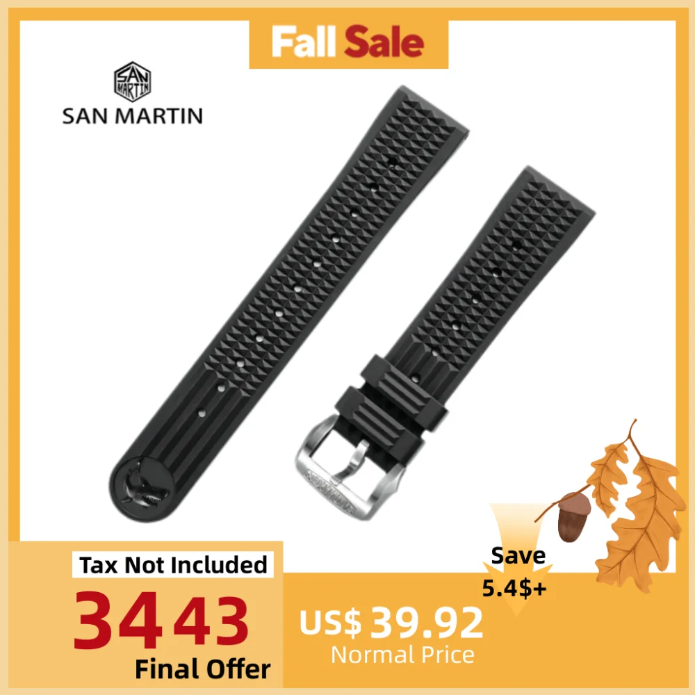 

San Martin 20mm Black Waffle Pattern FKM Rubber Watch Band Waterproof Watch Strap Comfortable To Wear Watchbands Durable SF0007