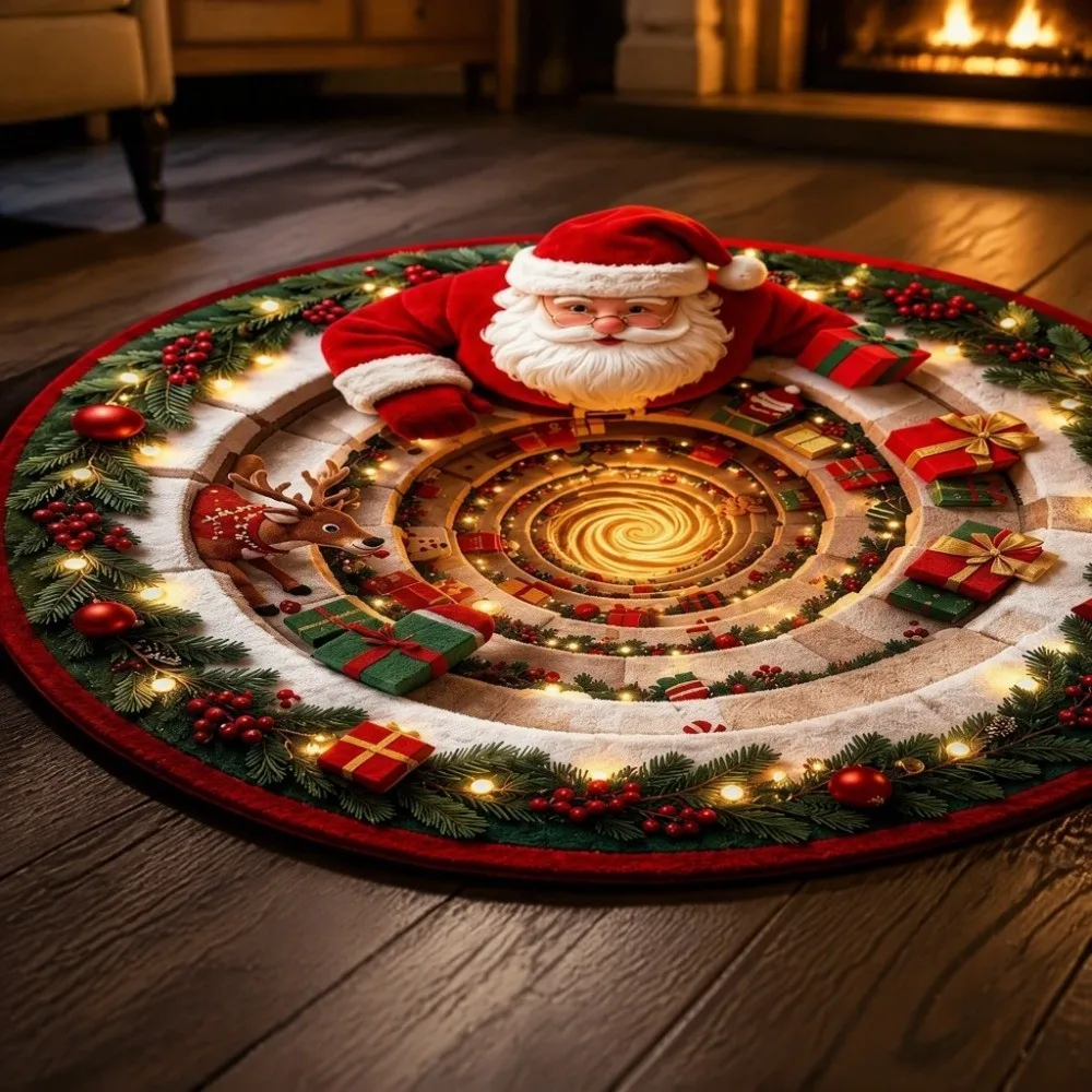 2D Flat Christmas Round Rug Polyester Bottomless Pit Vortex Floor Mat Vivid Printing Washable Fabric 3D Illusion Carpet
