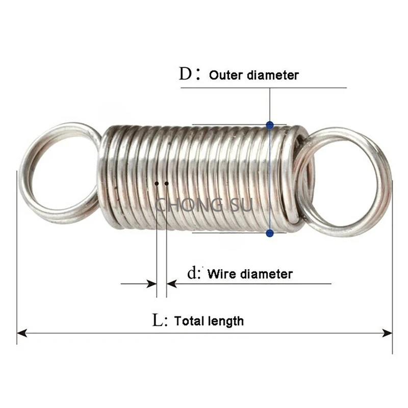 304 roestvrijstalen trekveer met dubbele O-haak Verlenging Pullback Stretching Lente Draad Dia 0,3 mm OD 3 mm Lengte 10-300 mm