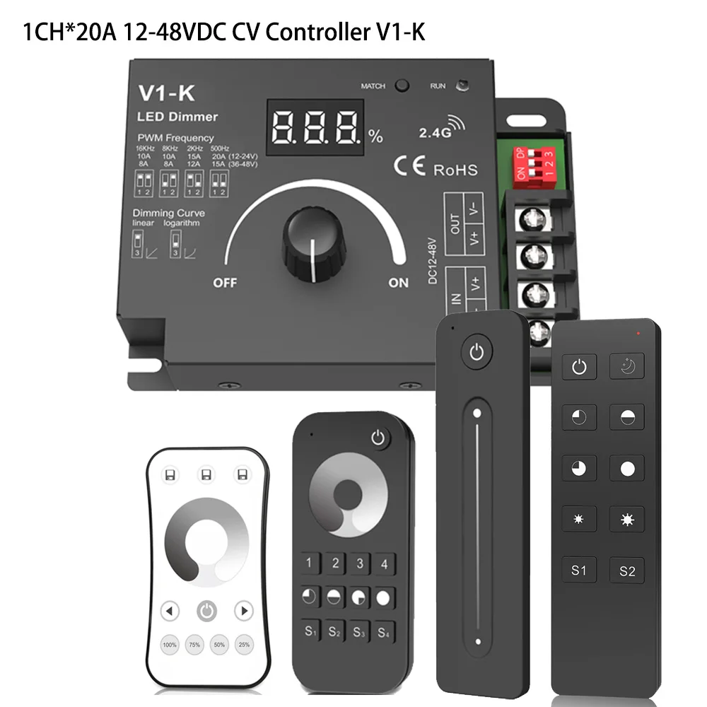 V1-K DC 12-48V 20A PWM Wireless LED Dimmer Controller Switch 2.4G RF Touch Remote for Single Color COB 5050 3528 Dimming Lights