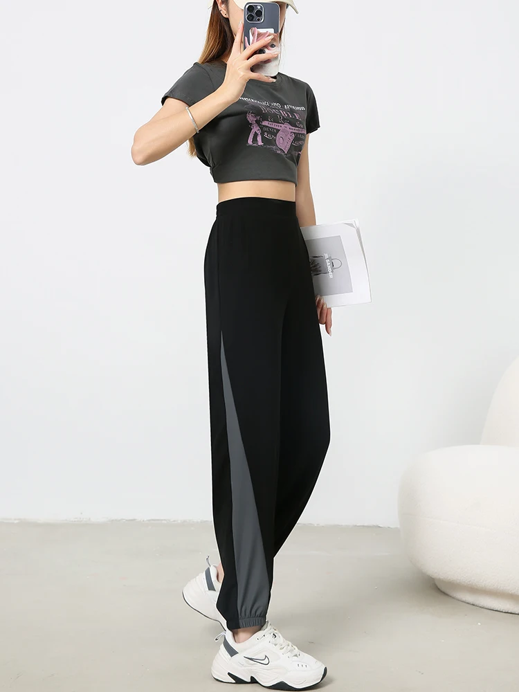 

Новые женские спортивные брюки из ледяного шелка 2025 года: быстросохнущие, тонкие, с цветными вставками, свободные, широкие, струящиеся, в стиле Harlan, с манжетами, летние, модные