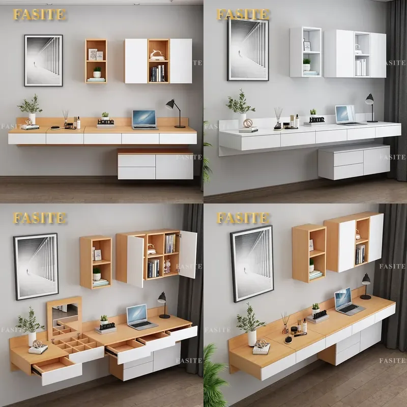 Nordic Wall Mounted Desk with Integrated Dresser and Bookcase Simple Bedroom Desktop Table Combination Storage Furniture for