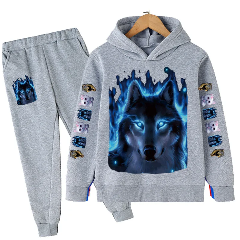 

Boys Girls Wolves Hoodies Sets Baby Long Sleeves Animal Wolf Hooded Tops Trousers 2Pcs Outfits Children 4-14 Years Costume Suit