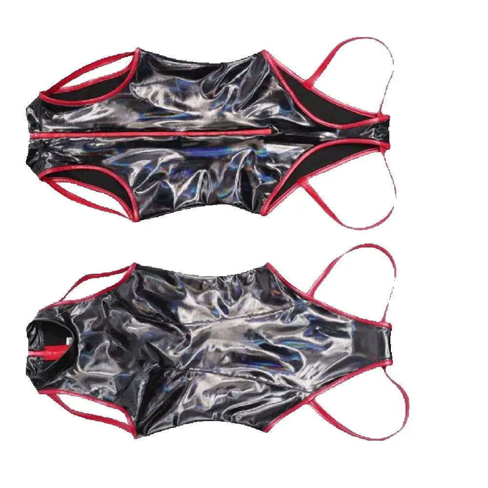 

Women Sexy PU Faux Leather One-Piece Vest Jumpsuit Stereo-Splice Chest Design Dazzling Color Cosplay Bodysuit T-Crotch Underwear