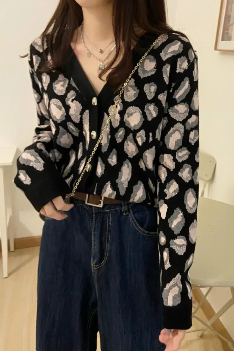 Short Leopard Print All-match Coffee Sweater Cardigan 2021 Fall and Winter New Outerwear Jacket Knitwear Long Sleeve Base Top