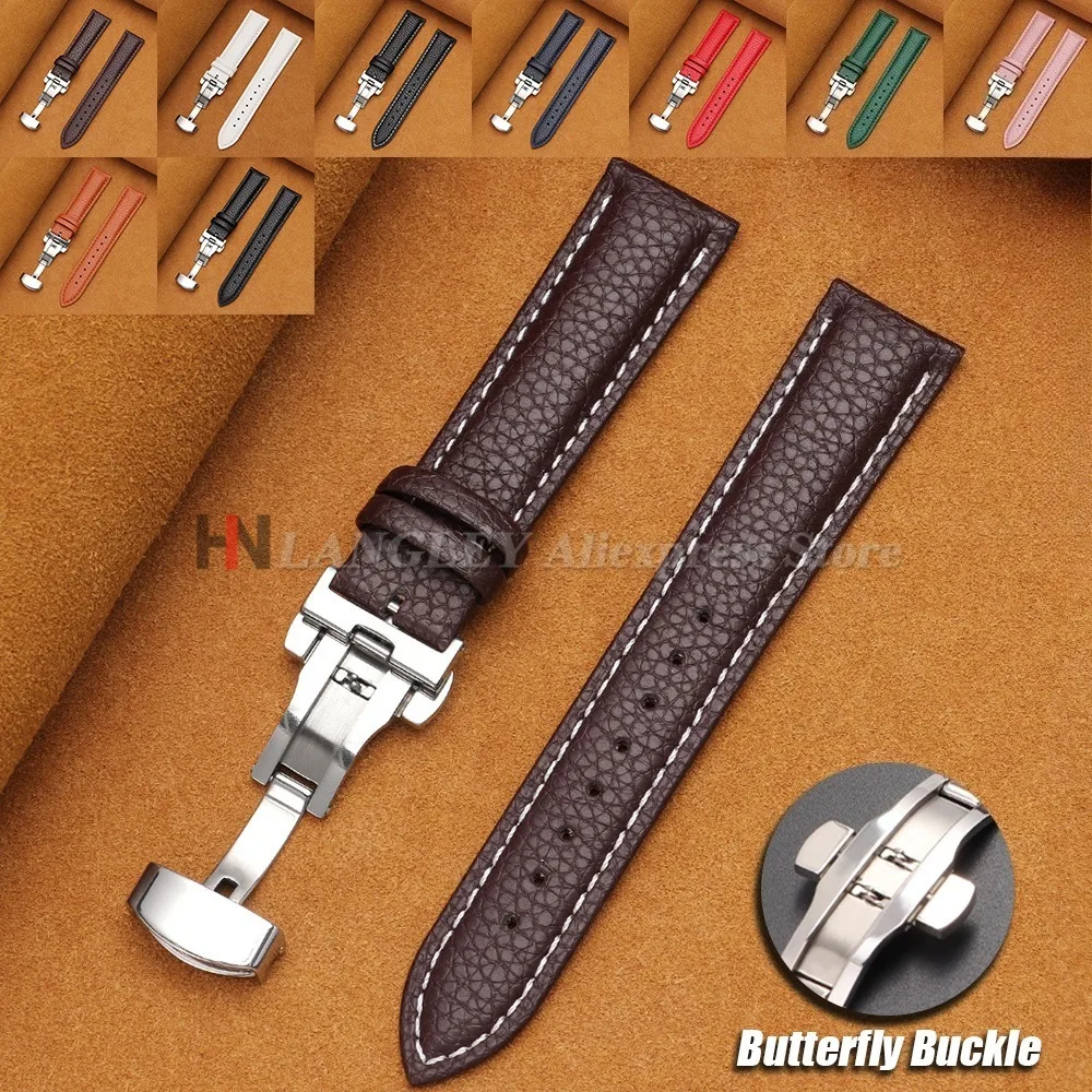 Litschi-Korn-Uhrenarmband, 16/18/19/20/21/22/24 mm, Uhrenzubehör, echtes weiches Leder, Armbanduhrenarmband, Schmetterlingsschnalle