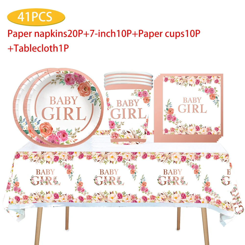 40/41/51/60 pcs Rose theme party supplies Disposable plates Paper towels Paper cup tablecloth Table fork set tableware decoratio