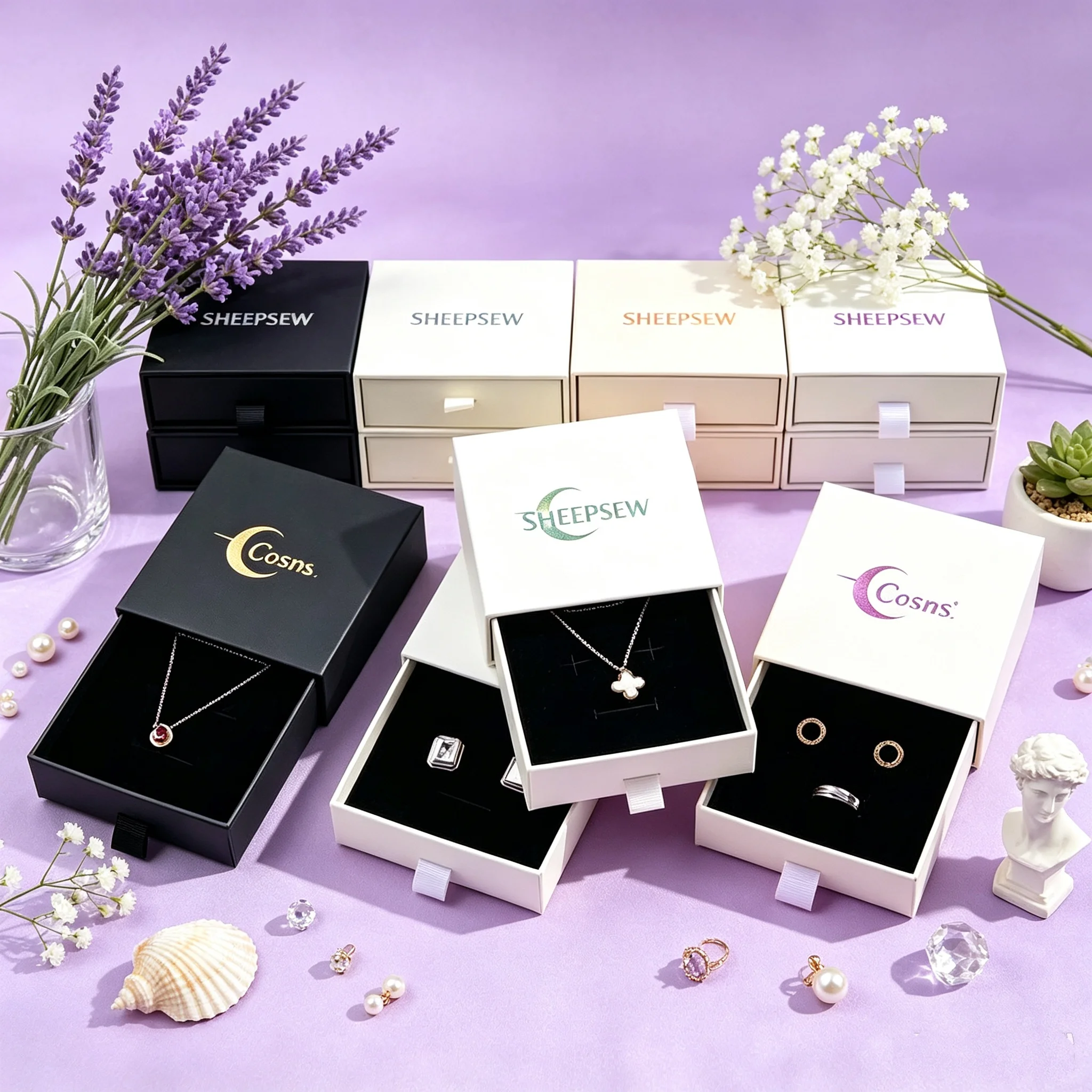 50pcs Sheepsew Jewelry Drawer Box Rings Earrings Necklace Pendant Bracelet Brooch Cardboard Gift Package Boxes