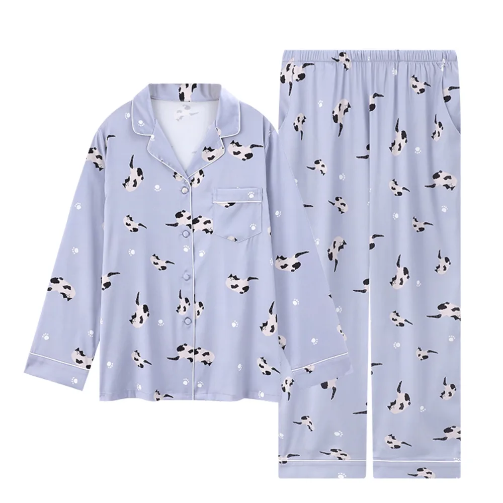 Pijama de Seda Gelo Mulher Primavera e Outono Gatinho de manga comprida dos desenhos animados Silk High-end Instagram Style Outfit Summer Home Clothes