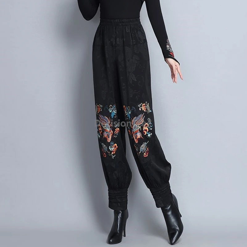 

2025 изысканные брюки-шаровары с вышивкой в этническом стиле, элегантные универсальные шаровары, модные повседневные повседневные китайские брюки