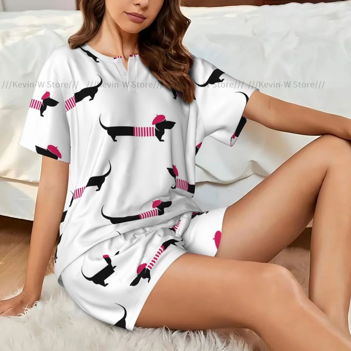Two piece women's pajama round neck short sleeved T-shirt Dachshund Artist Dog With Beret And Sweater casual home pajama set