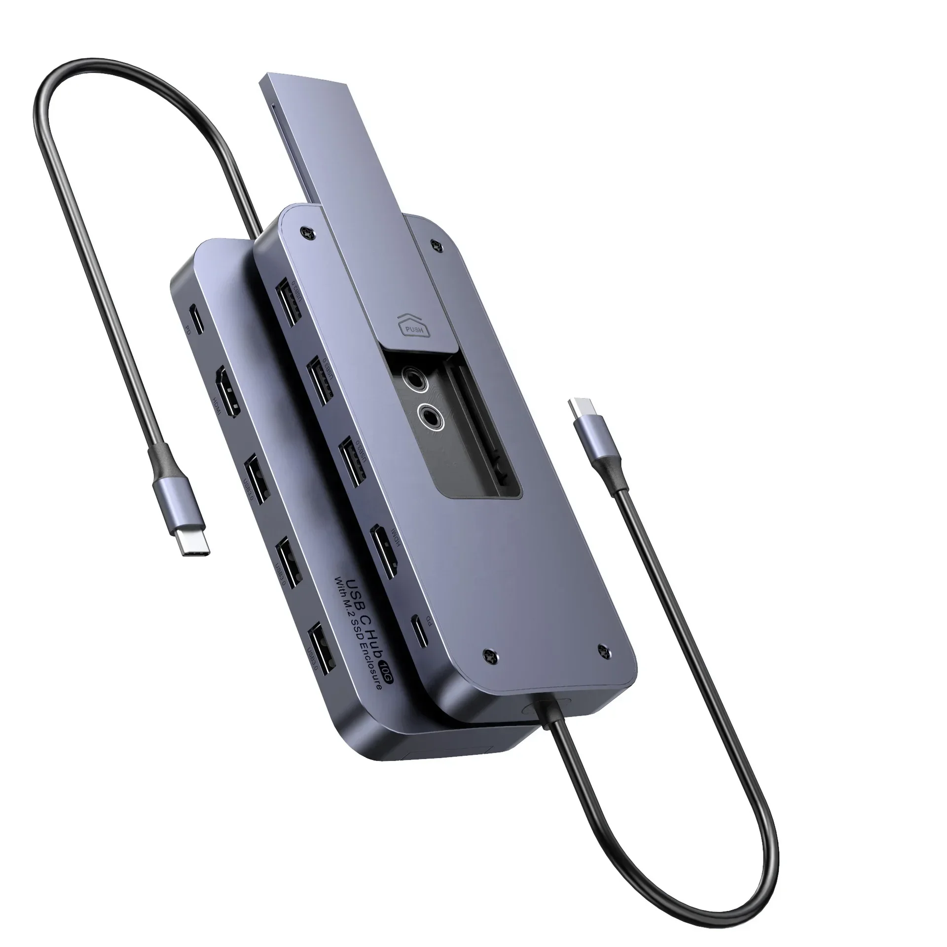 

New Innovation M.2 SSD Enclosure Function TF SD Card USB3.1 GEN2 10Gbps PD 100W 4K HDM-I USB C 7 in 1 Hub Docking Station