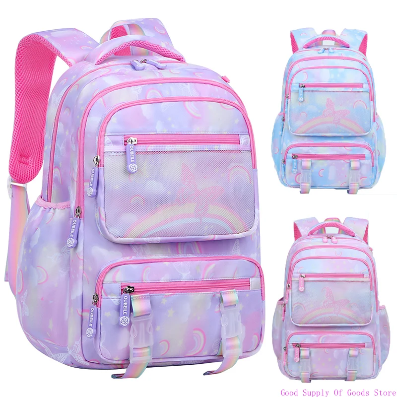 

Children School Bookbag Waterproof Durable Cute Backpack Rainbow Butterfly Multi Compartment Primary Kid Backpack for Girls