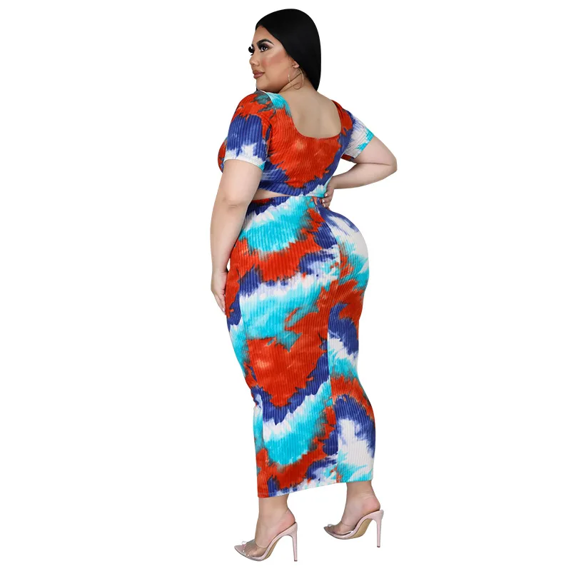 Somo Plus Size Kleding Vrouwen Dragen 2022 Zomer Geribbelde Pit Strip Digitale Afdrukken Tweedelige Rokken Set Groothandel dropshipping