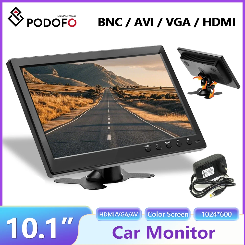 Moniteur LCD HD portable Podofo 10,1 pouces, mini téléviseur et écran d'ordinateur, entrée vidéo 2 canaux, moniteur de sécurité avec haut-parleur HDMI VGA