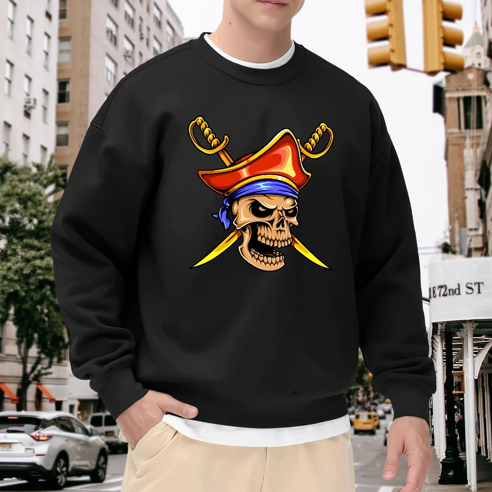 

Men's Black Crew Neck Loose Sweatshirt with Pirate Skull Print Pattern, Casual Street Style Top, Versatile for Everyday Wear, Comfortable, Breathable, Trendy Item