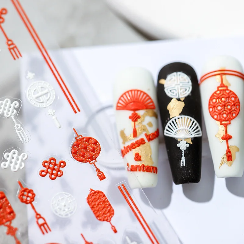 5D Red Chinese Knot Lantern Tradition Design Soft Reliefs Nail Art Stickers 3D Self Adhesive Nail Decals Wholesale Dropshipping