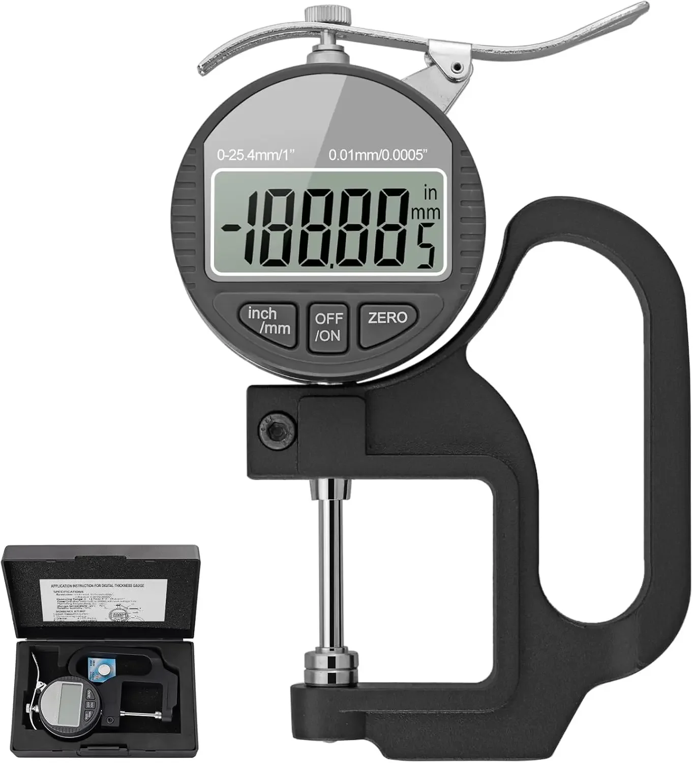

Neoteck Digital Thickness Gauge 1 inch/25.4mm, 0.0005"/ 0.01mm, Thickness Meter Precise Electronic Micrometer with LCD Display
