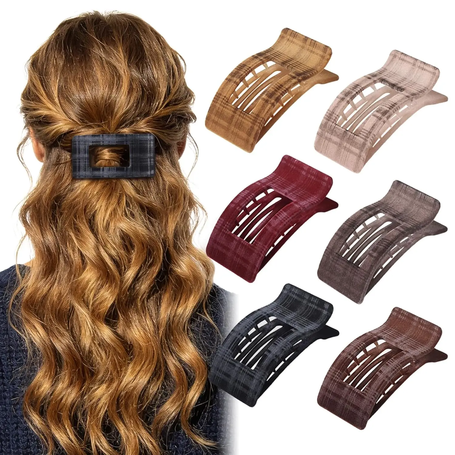 

Flat Claw Clips for Thin Fine Hair, French Square Plaid Flat Hair Clips for Short Long Hair, Lay Down