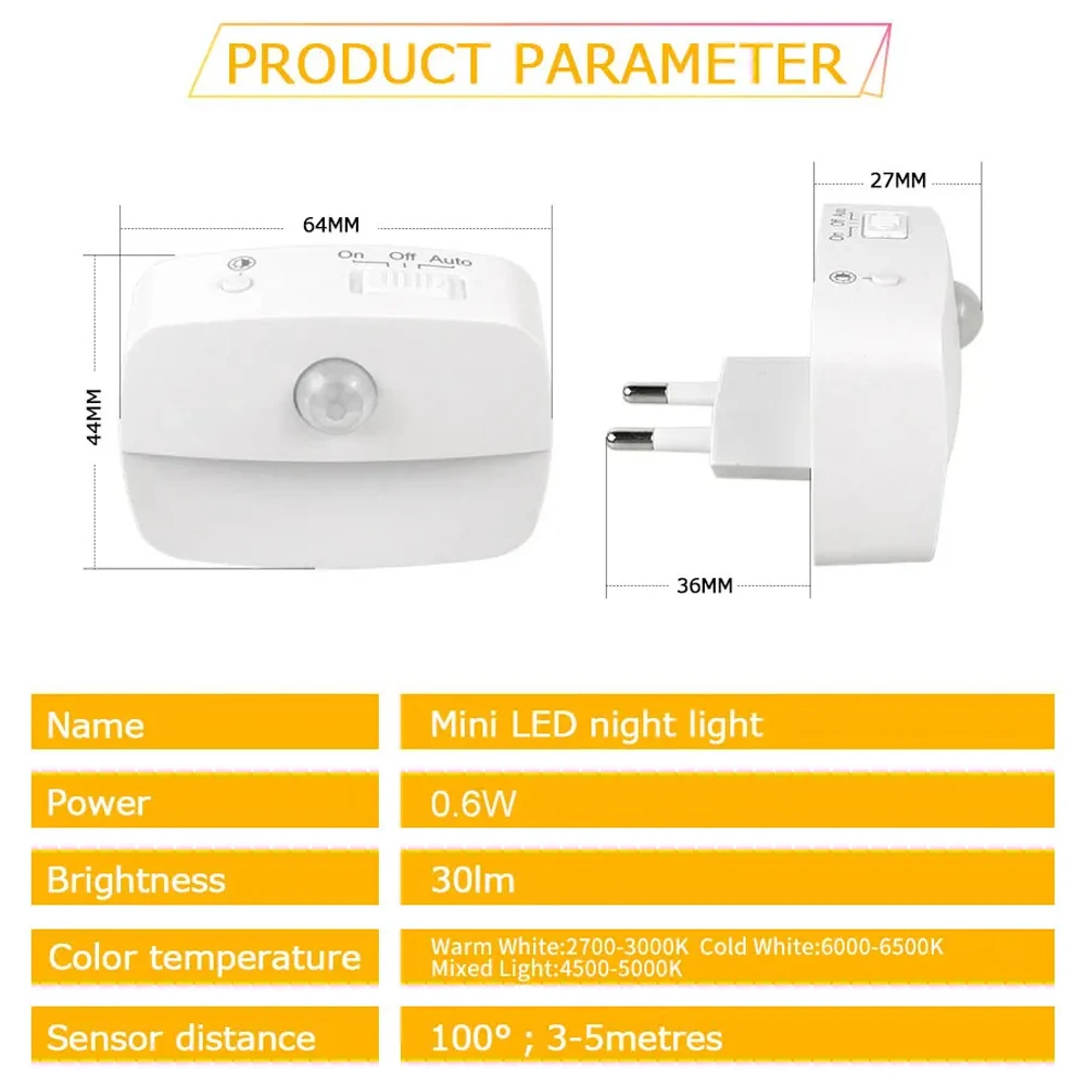 Luz Nocturna LED con Sensor de movimiento, lámpara de noche con enchufe europeo, decoración para dormitorio de niños, pasillo, escaleras, WC, mesita