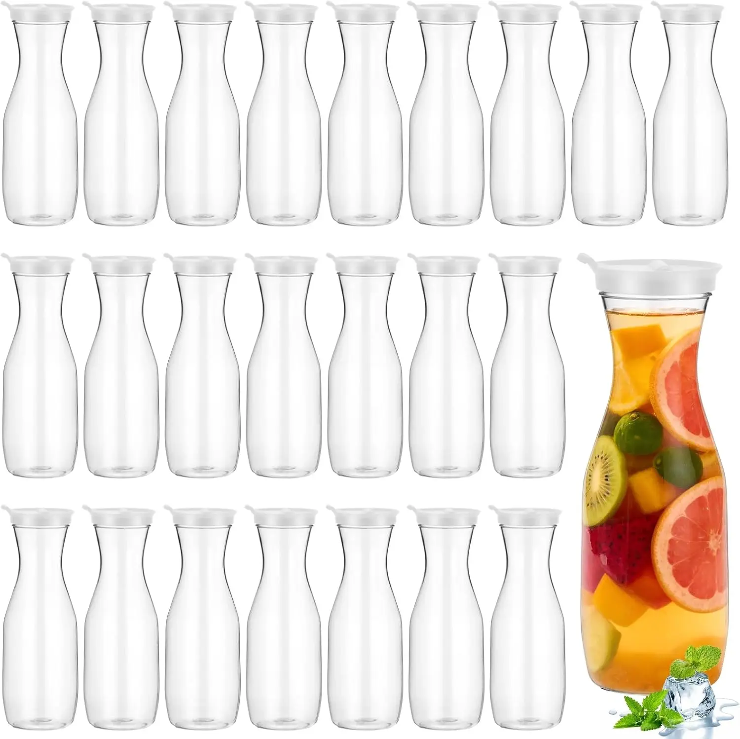 24 Pack 32 oz Clear Plastic Water Carafes with Lids, Reusable Juice Bottles and Pitcher, Beverage Containers for Milk, Iced Tea, Cold Brew Coffee, Home, Restaurant, School, Fridge