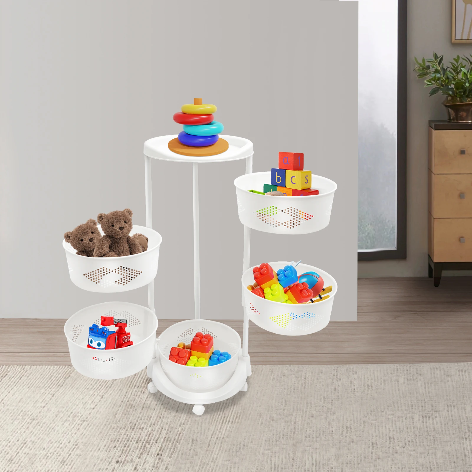 

5-уровневая вращающаяся полка для хранения с вентилируемыми корзинами и запирающимися роликами для организации кухни, ванной комнаты