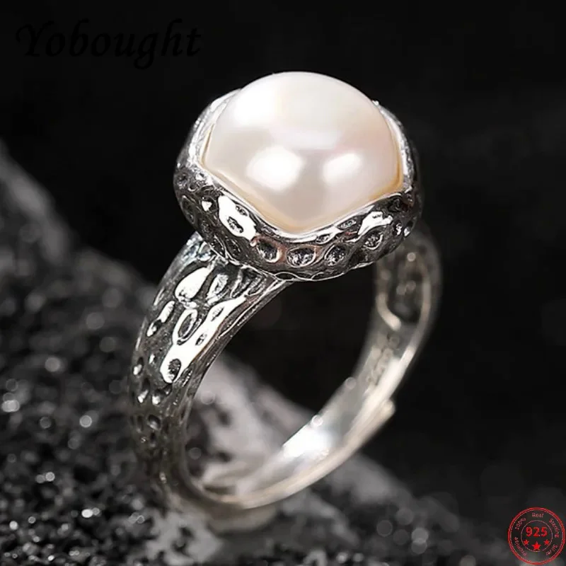 

Genuine s925 sterling silver rings for Women New Fashion round freshwater pearl vintage meteorite surface ring adjustable