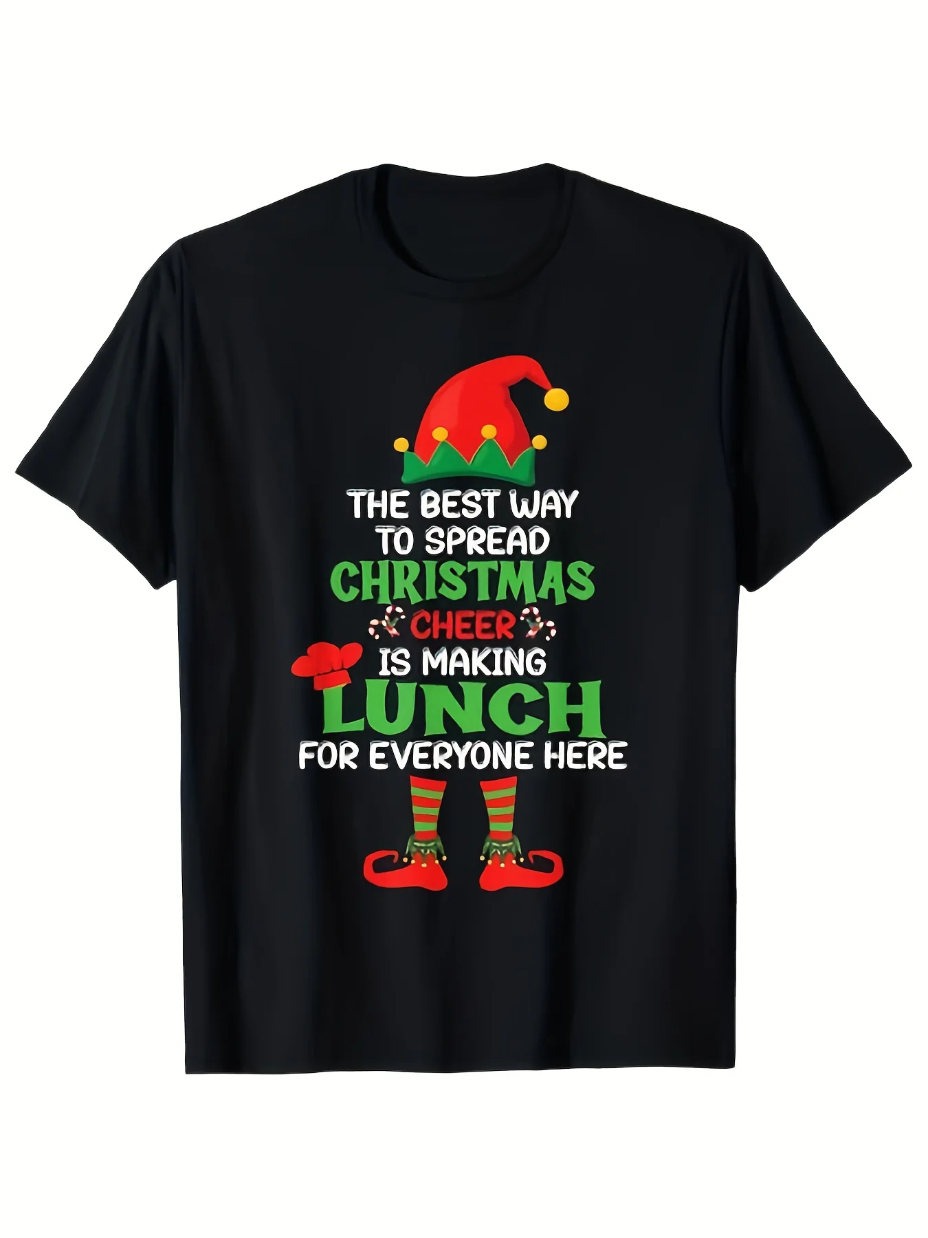 Lunch Lady Christmas Cheer Elf School Cafeteria Worker T-Shirt, 100%, Gift for Men Women Dad Mom Friends, S-XXXL, Black, Classic Retro Style, Round Neck Short Sleeves, Machine Washable, Ideal for Casual SportWear