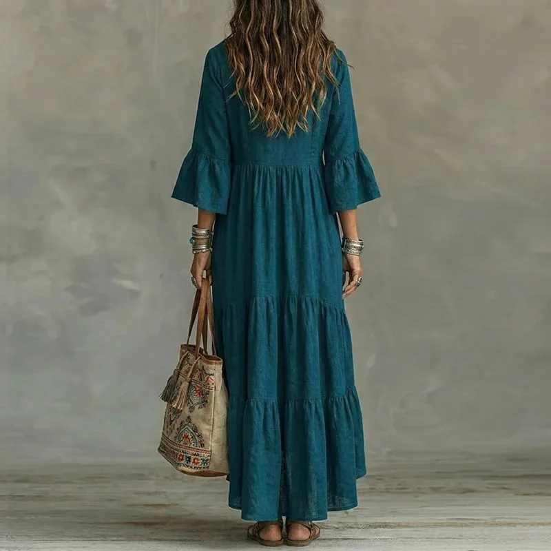 Women Deep V Ruffle Front Maxi Dress Three Quarter Bell Sleeve Tiered Layer Hem Loose Dress Crinkle Autumn Beach Holiday Dresses