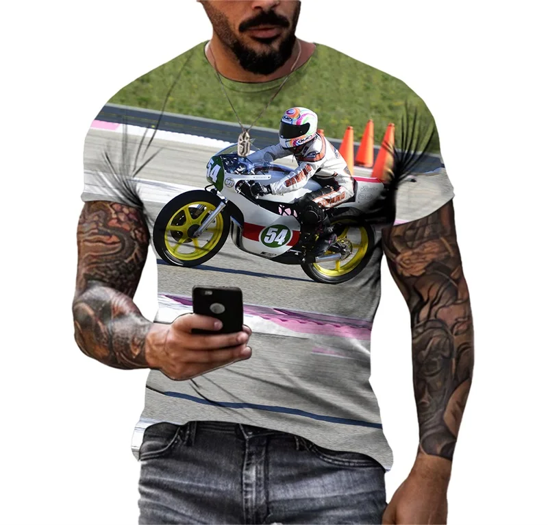 Sports Style Motorcycle Race T-Shirts For Men 3D Print Hip Hop Personality Round Neck Tee Tops Leisure Short Sleeve Mens Shirts