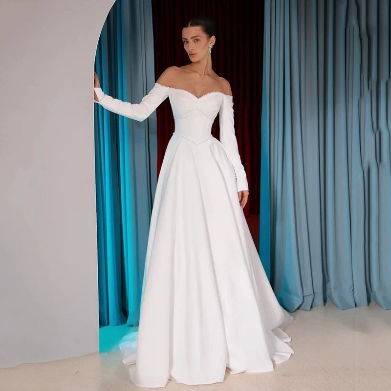 

Eightree Simple A-Line Long Wedding Dresses Sweetheart Long Sleeves Pearls Wedding Gown Women Satin Bridal Prom Dress Customized