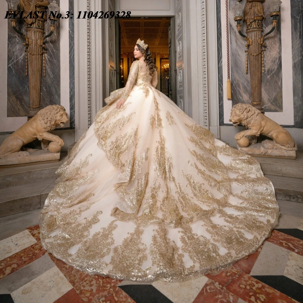 

EVLAST блестящее платье Quinceanera цвета шампанского по индивидуальному заказу, бальное платье с золотой кружевной аппликацией и бисером, Sweet 16, Vestidos De 15 Anos E3Q772