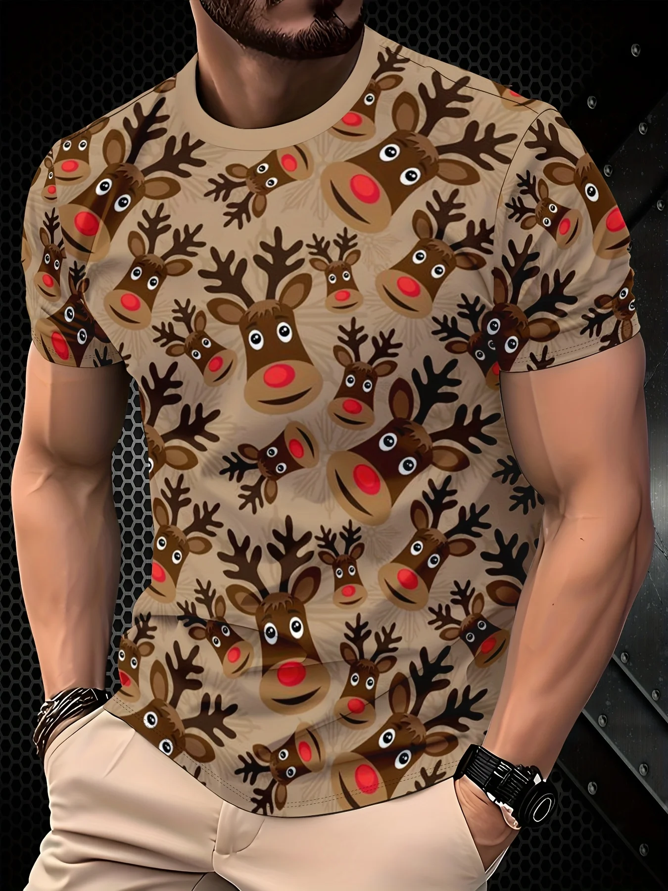 

Cartoon Christmas Elk Print Men's T Shirt Fashion New Year X'mas Clothing Casual O-neck Short Sleeve Loose Tops Street Pullover