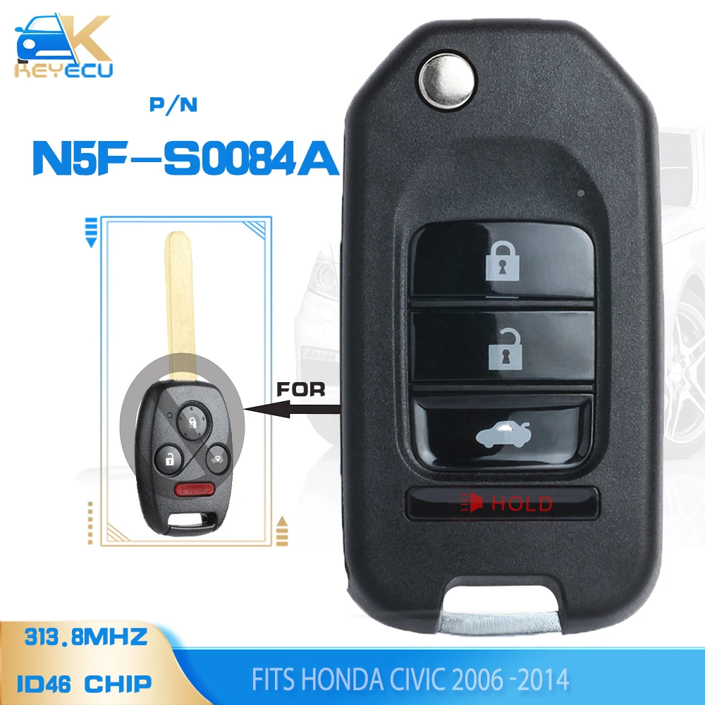 KEYECU N5F-S0084A 313.8MHz ID46 Upgraded Remote Control Key Fob for Honda Civic 2006 2007 2008 2009 2010 2012 2013