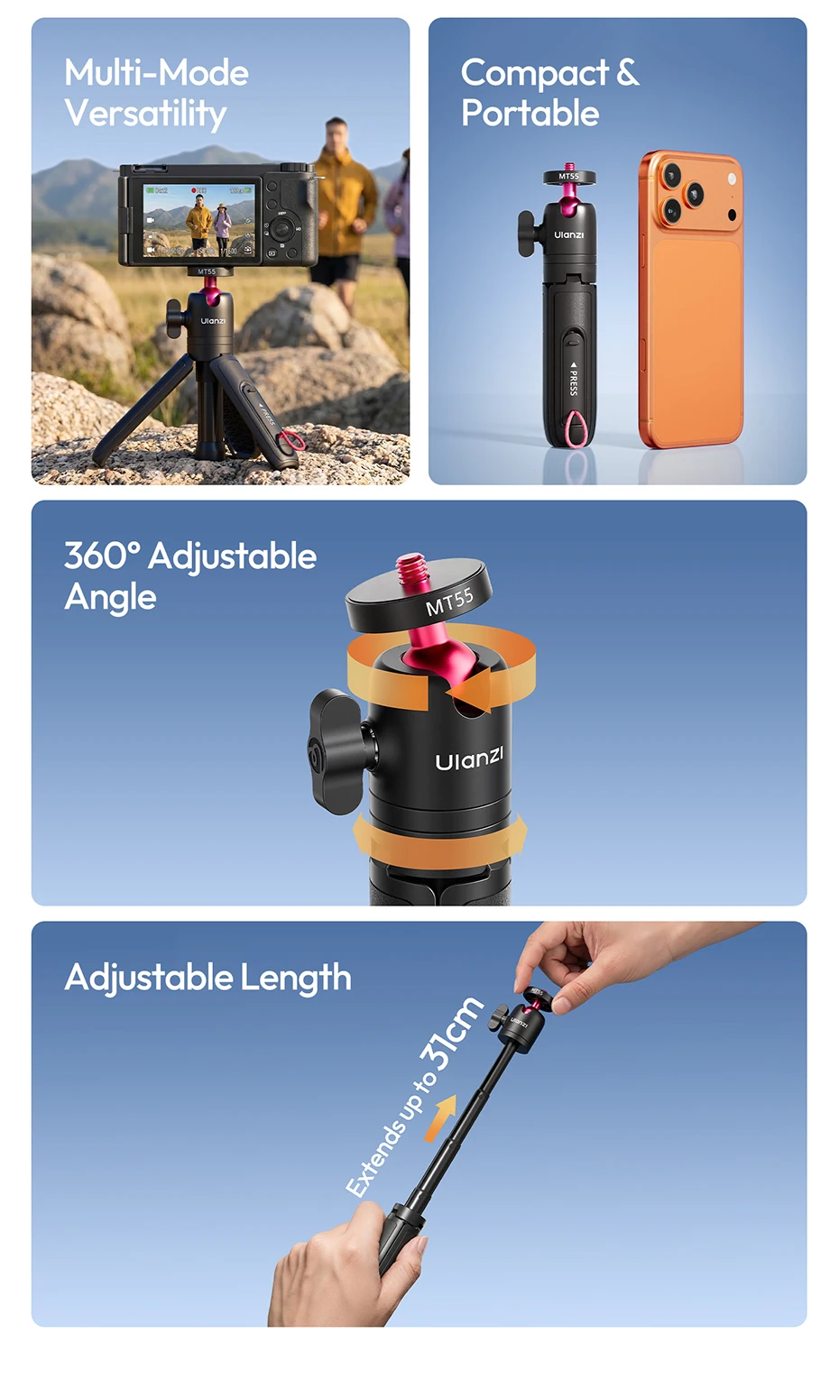 Ulanzi MT55 SnapGo Mini Selfie-Stick Stativ 360 ° Verstellbarer Winkel Immersiver POV 1/4'' Halter für Kamera, Handy, Videoleuchte – Detail 3
