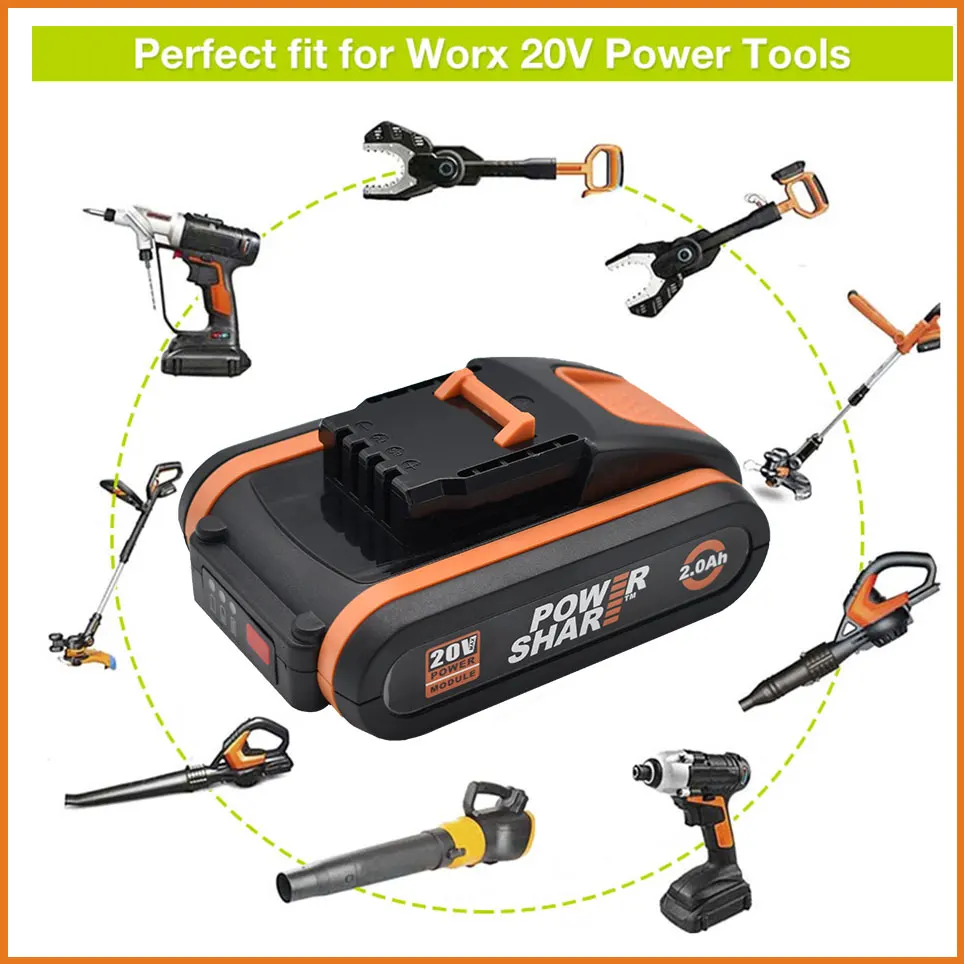 Worx 20V Lithium battery 2.0Ah Rechargeable WA3551 WA3553 WA3553.1 WA3570 for All WORX Electric and Garden Tools