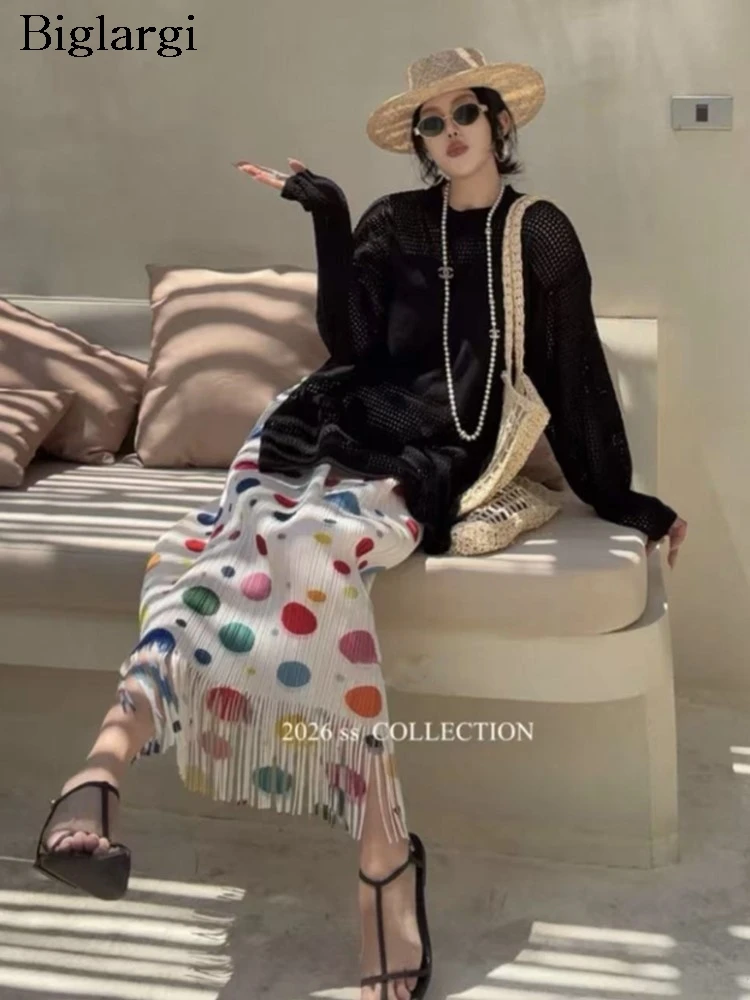 

Летняя женская плиссированная юбка с принтом в горошек и бахромой, элегантная, новая модная, с эластичной талией, миди, 2026