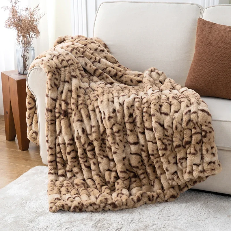 Double-sided Rabbit Long Hair Blanket Light Luxury Plush Sofa Cover Leopard Print Thickened Faux Fur Blankets Warm Nap Textile