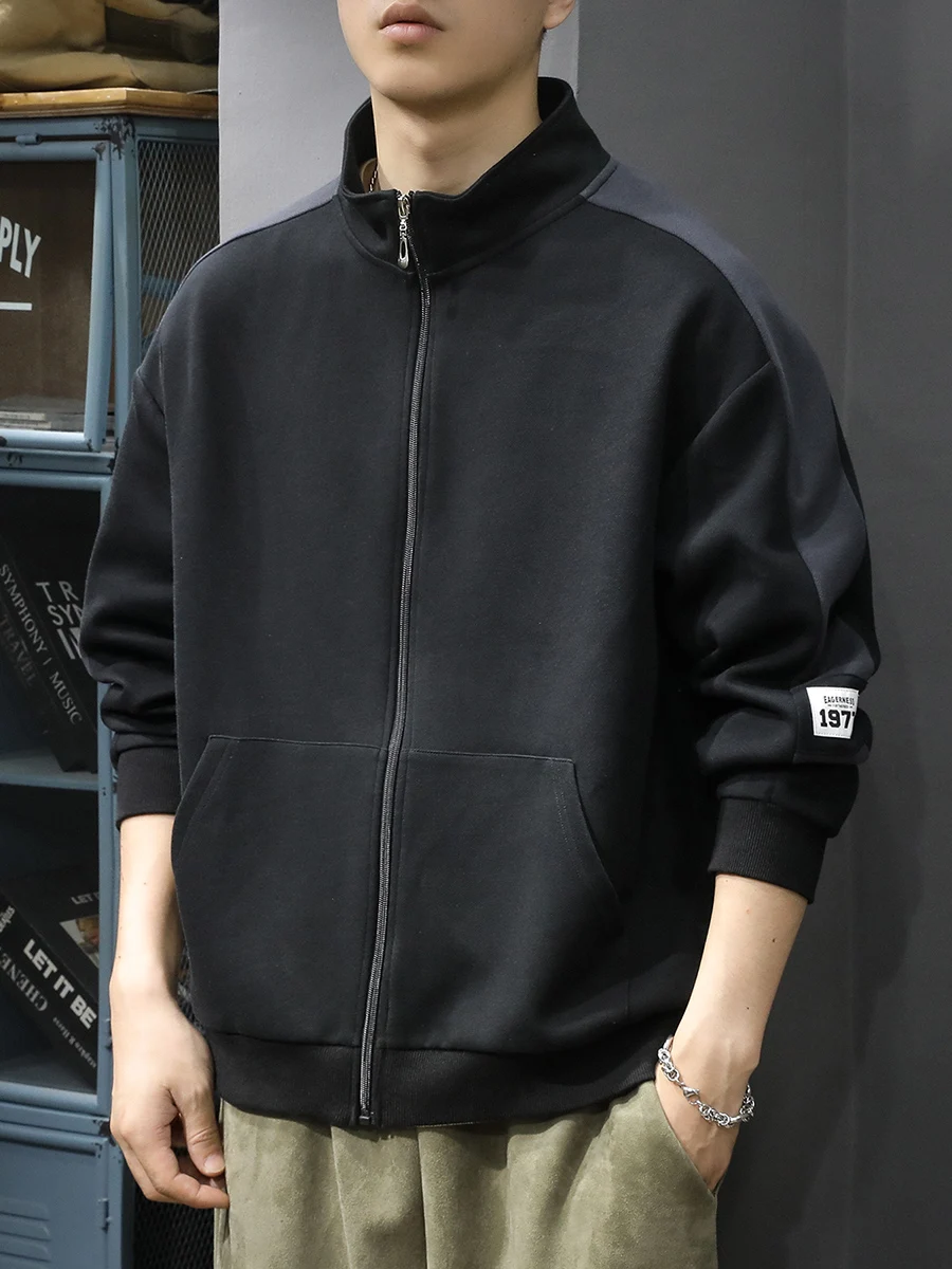 

American Casual Sports Jaet Men's Autumn Winter New Stand Collar Open Cardigan Sweatirt Loose Trendy Brand Splicing Baseb...