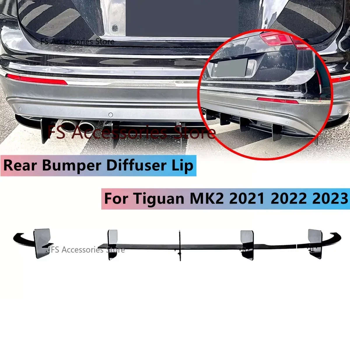 

Black Car Rear Diffuser Lip & Rear Side Splitters For VW Tiguan MK2 2021 2022 2023 Rear Bumper Lip Diffuser Spoiler Splitter
