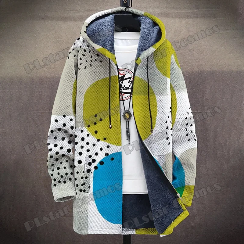 Men's Winter Fashion Long Hooded Coat Vintage Abstract Geometric Art 3D Printed Plush Thick Long-sleeved Fleece Jacket Coat AZ05