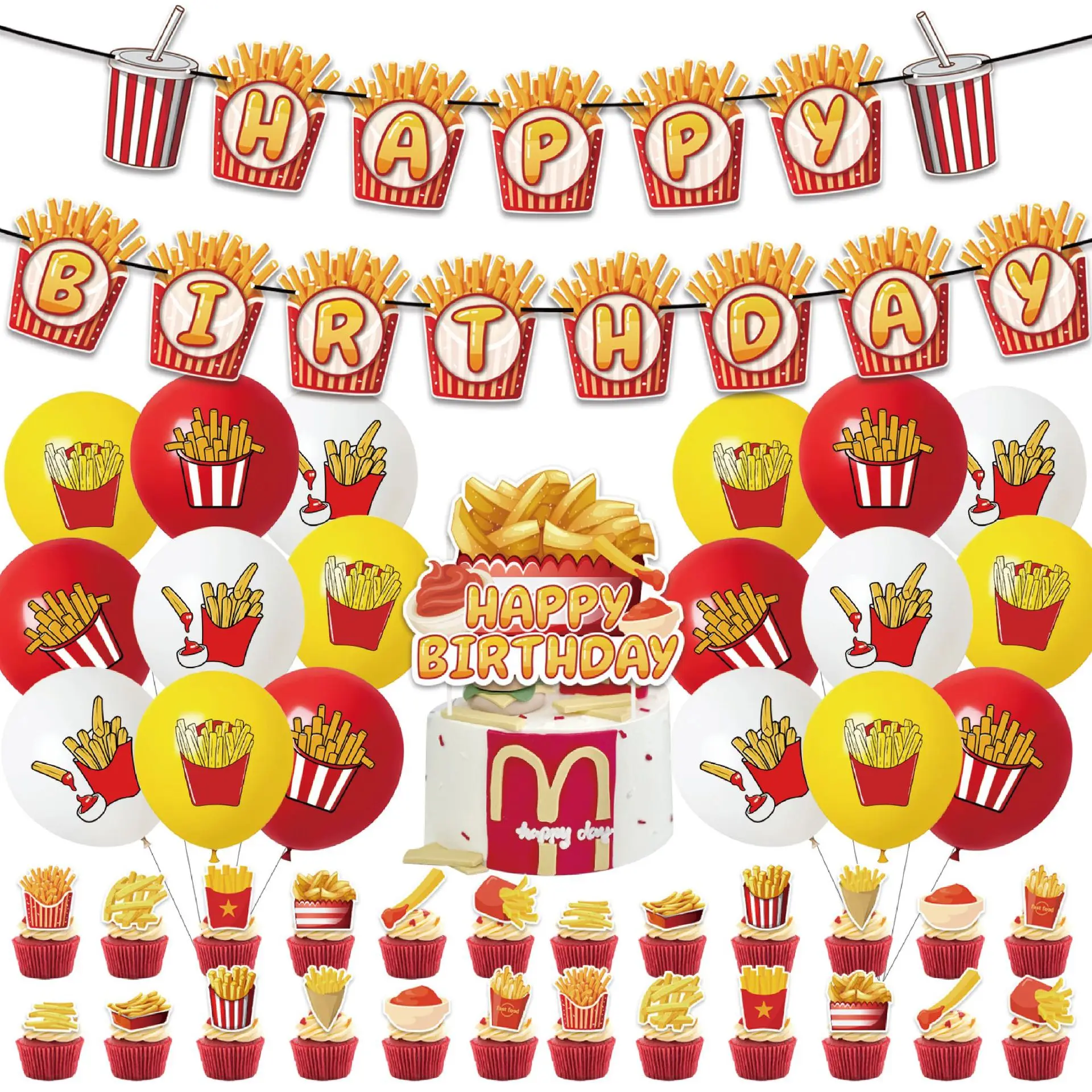 French Fries Theme Birthday Party Decorations for Children French Fries Balloon Happy Birthday Banner Cake Topper Supplies